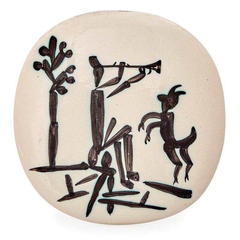 Pablo Picasso, ‘Joueur De Flûte Et Chèvre (A.R. 382)’, 1956, Design/Decorative Art, Painted and glazed white ceramic plaque, Doyle