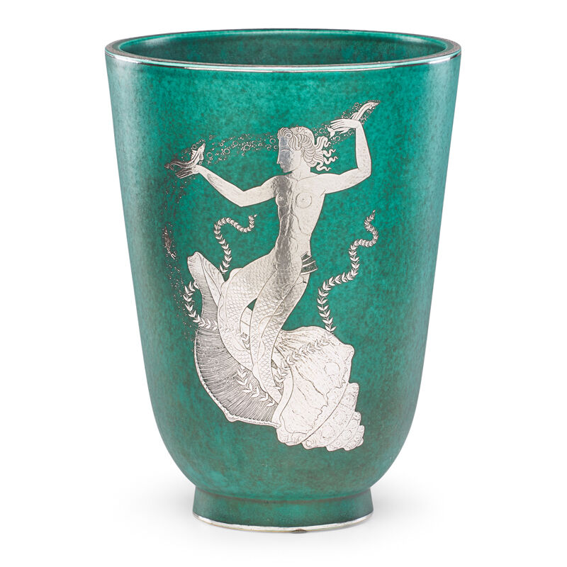 Wilhelm Kåge, ‘Fine large Argenta vase with fish and mermaid in conch shell, Sweden’, 1946, Design/Decorative Art, Glazed stoneware, silver inlay, Rago/Wright/LAMA