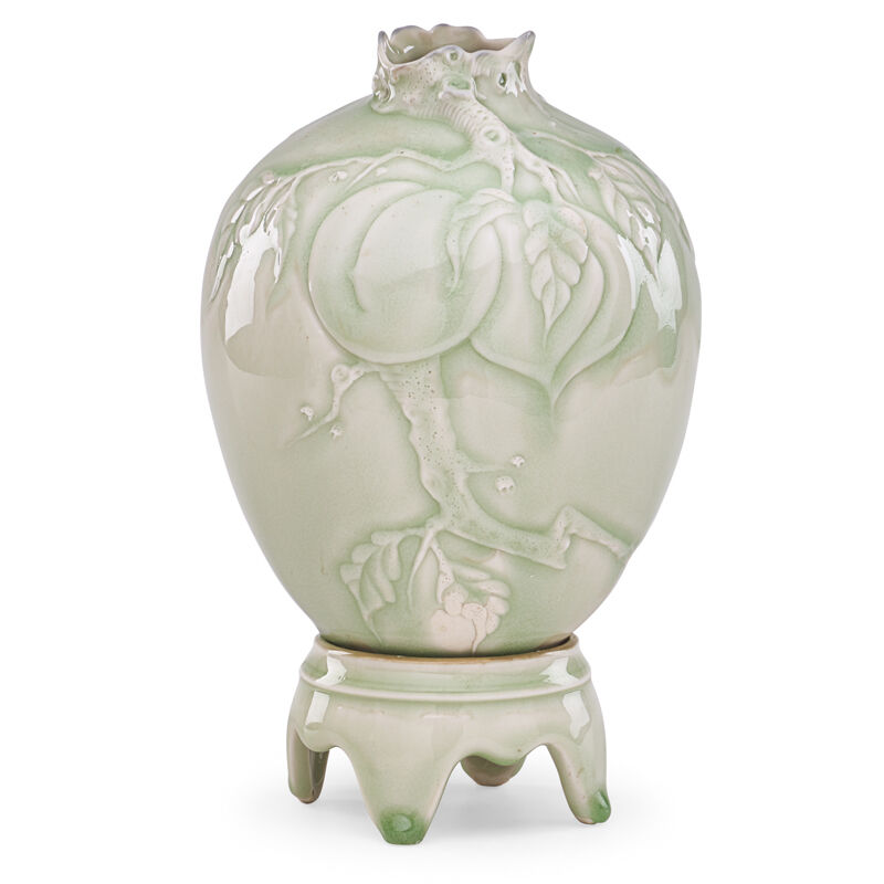 Cliff Lee, ‘Fine celadon vase with peaches on branch on stand, Stevens, PA’, 1989, Design/Decorative Art, Glazed porcelain, Rago/Wright/LAMA