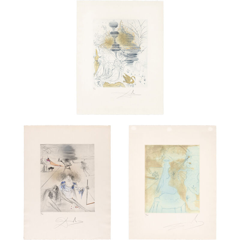 Salvador Dalí, ‘The Old Hippie; The Pagoda; Woman With Cushion (F. 69-13A, F, J)’, Print, Three hand-colored color etchings and drypoints on Arches paper, Doyle