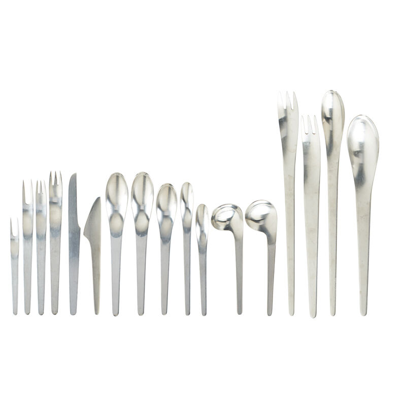 Arne Jacobsen, ‘Eight-piece AJ flatware set for eight with additional serving and other pieces (77 total), Denmark’, 1950s-60s, Design/Decorative Art, Stainless steel, Rago/Wright/LAMA