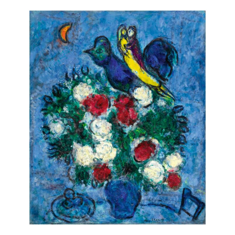 Marc Chagall, ‘VASE DE FLEURS, COUPLE ET COQ’, 1957, Painting, Oil on canvas, David Benrimon Fine Art
