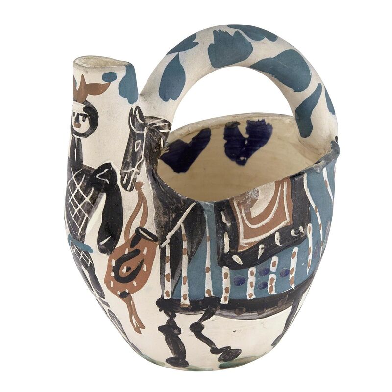 Pablo Picasso, ‘CAVALIER ET CHEVAL (A.R. 137)’, 1952, Design/Decorative Art, Painted and partially glazed white ceramic pitcher, Doyle