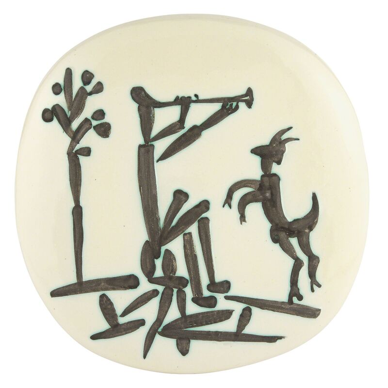 Pablo Picasso, ‘JOUEUR DE FLÛTE ET CHÈVRE (A.R. 382)’, 1956, Design/Decorative Art, Painted and partially glazed white ceramic plaque, Doyle