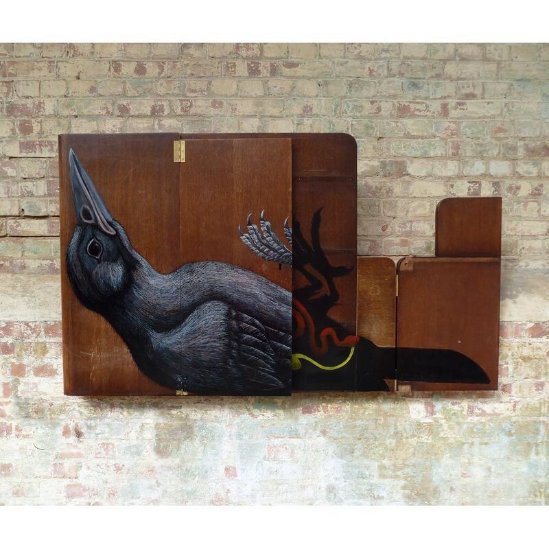 ROA, ‘PICIDAE MMXVIII (WOODPECKER)’, 2018, Mixed Media, Enamel and Spray Paint on Found Wood, StolenSpace Gallery