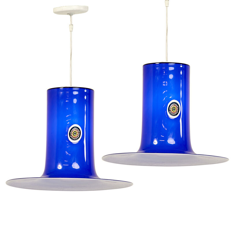 Luciano Vistosi, ‘Pair Of Pendant Lamps, Italy’, 1950s, Design/Decorative Art, Cased glass with applied murrine, single sockets, Rago/Wright/LAMA