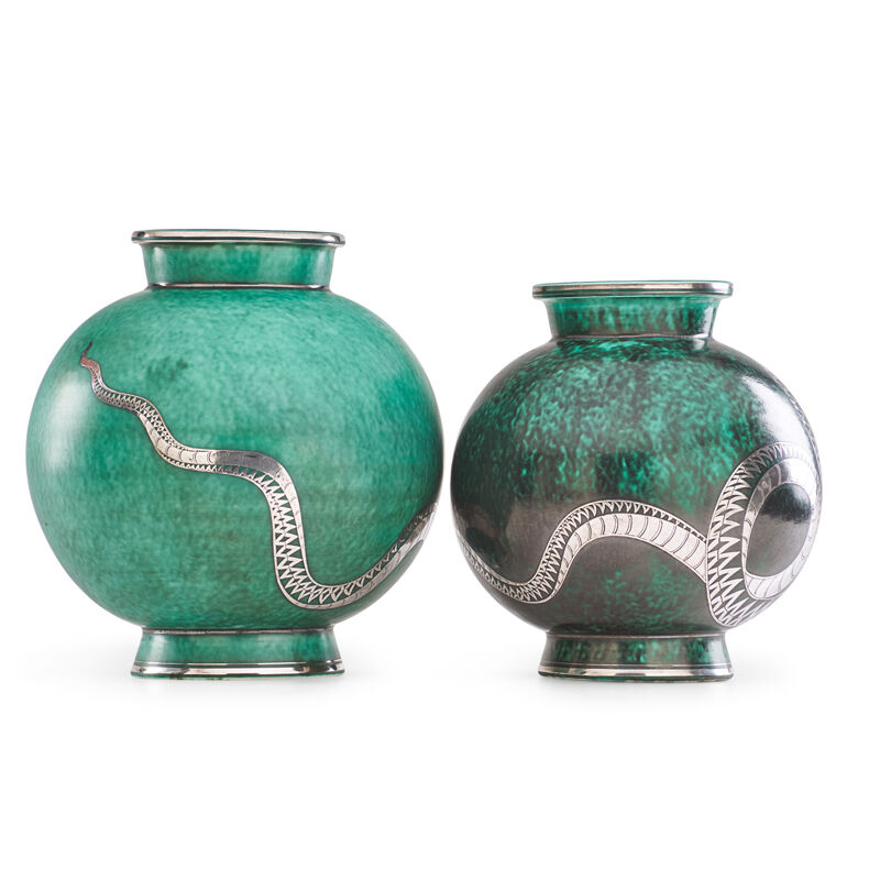 Wilhelm Kåge, ‘Two Argenta vases with snakes, Sweden’, Design/Decorative Art, Glazed stoneware, silver inlay, Rago/Wright/LAMA