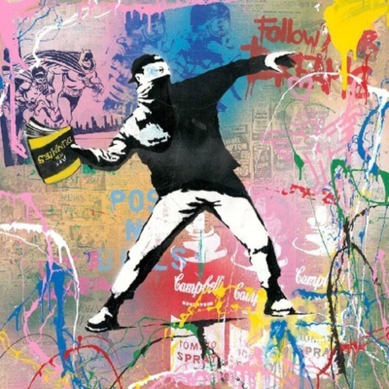 Mr. Brainwash, ‘Banksy Thrower’, 2019, Painting, Silkscreen and Mixed Media on Paper, Maddox Gallery