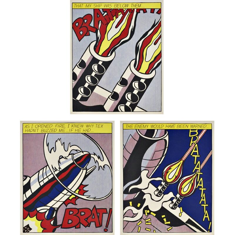 Roy Lichtenstein, ‘As I Opened Fire Triptych (Corlett App.5)’, 1964, Print, Set of three (3) Color Offset Lithographs on wove paper. Museum stamped verso. Unframed, Alpha 137 Gallery