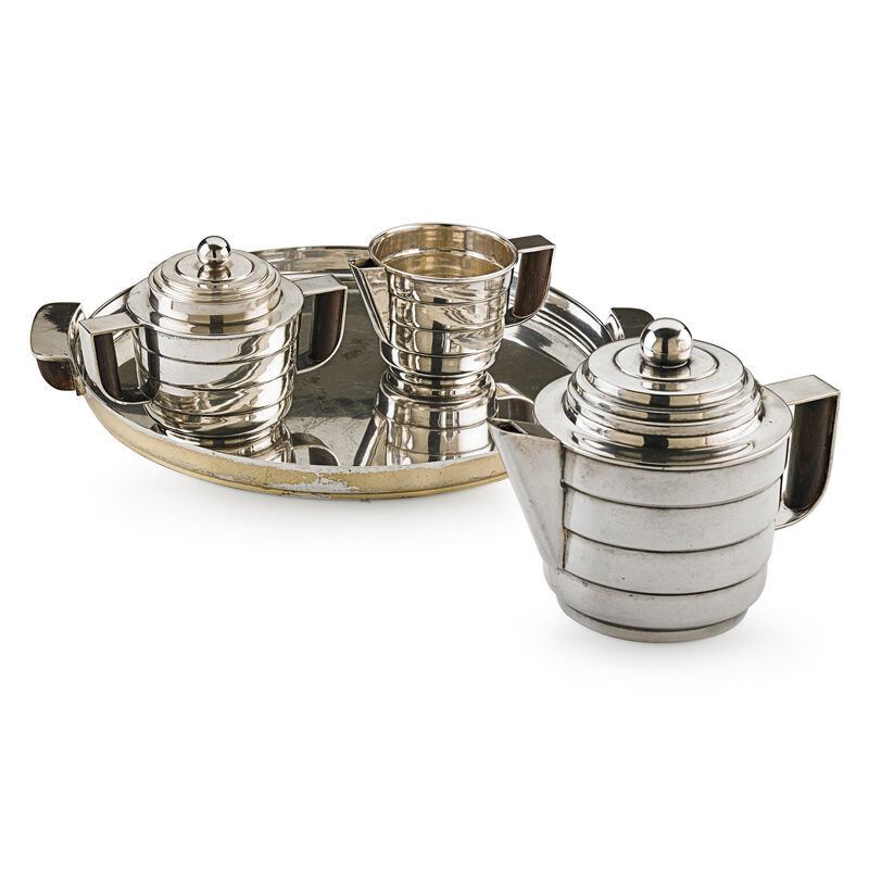 Kem Weber, ‘Rare Silver Style Four-Piece Tea Set, USA’, 1928, Design/Decorative Art, Silverplate, Rosewood: Teapot, Creamer, Lidded Sugar, Tray, Rago/Wright/LAMA