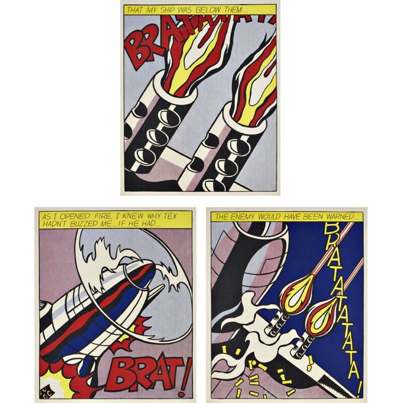 Roy Lichtenstein, ‘As I Opened Fire Triptych (Corlett App.5)’, 1964, Print, Set of three (3) color offset lithographs on wove paper. museum stamped verso. unframed, Alpha 137 Gallery Gallery Auction