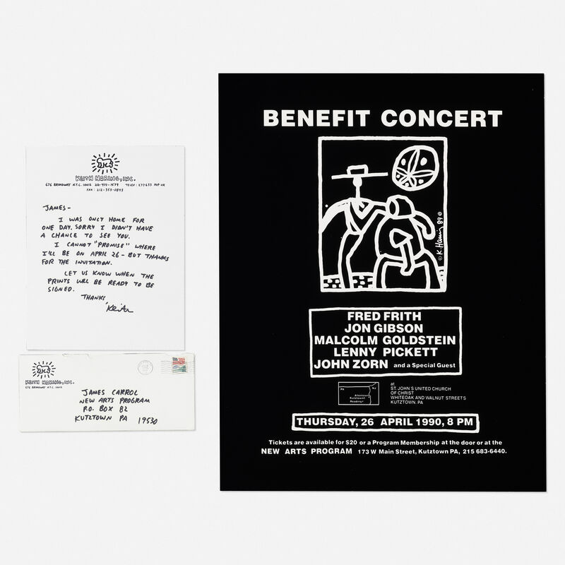Keith Haring, ‘Letter to James Carroll with Kutztown concert poster’, 1990, Drawing, Collage or other Work on Paper, Marker on paper and envelope, lithograph, Rago/Wright/LAMA