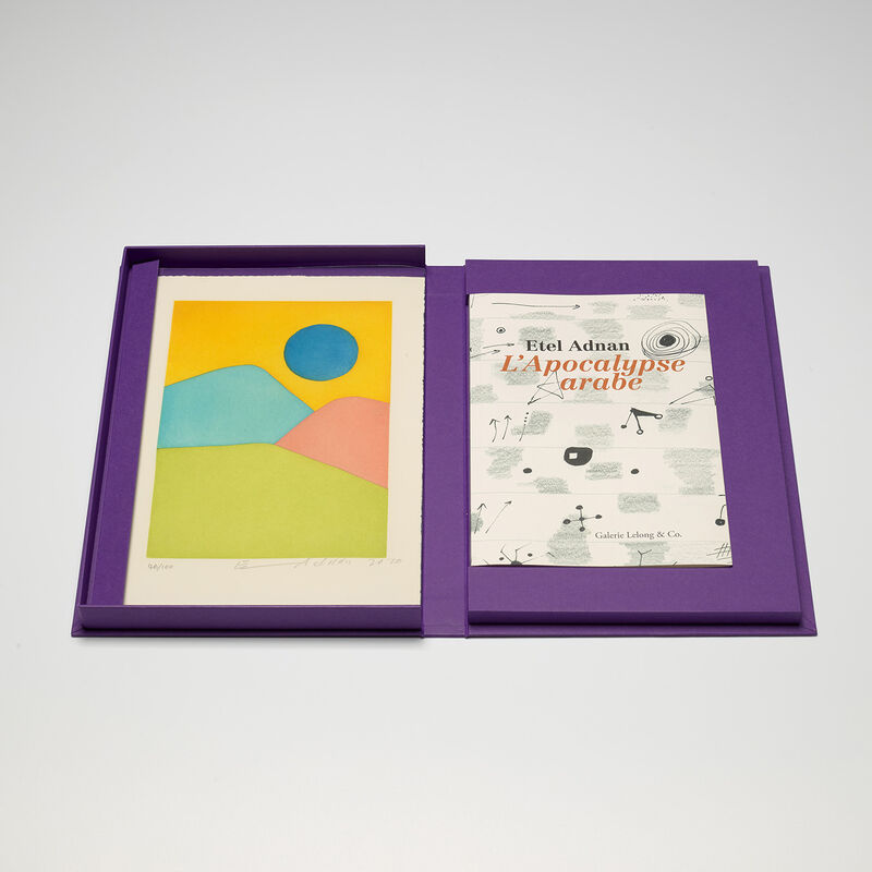 Etel Adnan, ‘L'Apocalypse Arabe (The Arab Apocalypse)’, 2020, Print, Etching in colours, on wove paper, with full margins, with accompanying 88-page book, the sheet loose (as issued) both contained in the original purple linen-covered portfolio., Phillips