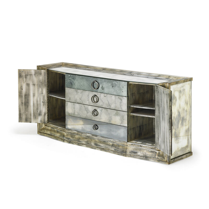 James Mont, ‘Cabinet, New York’, 1960s, Design/Decorative Art, Antiqued Mirrored Glass, Carved And Silvered Wood, Hammered Metal Handles, Rago/Wright/LAMA