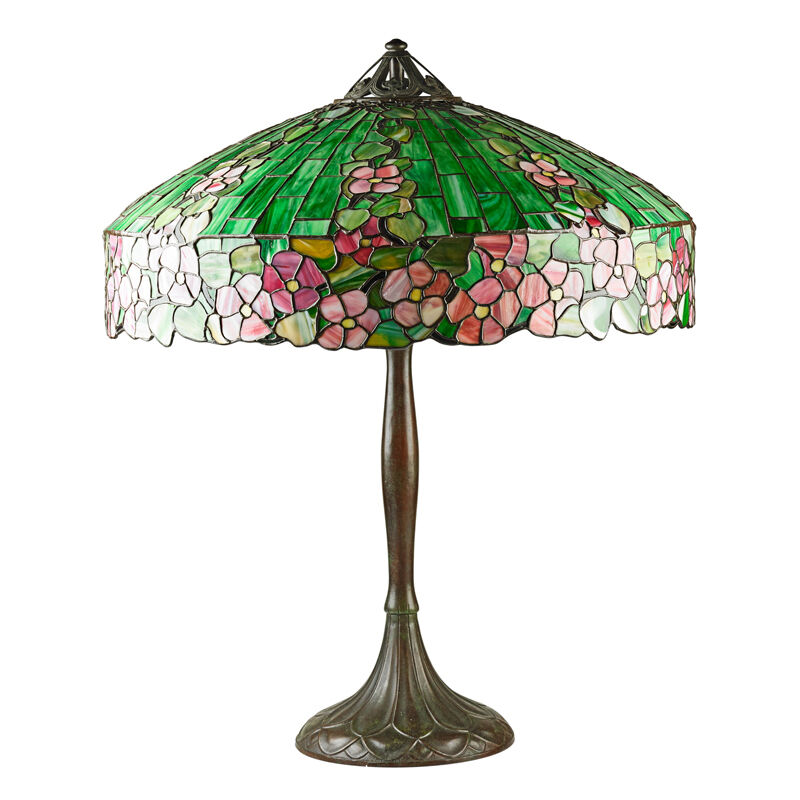 Handel, ‘Rare "Hollyhock" Table Lamp, Meriden, CT’, 1910s-20s, Design/Decorative Art, Patinated Metal, Leaded Slag Glass, Five Sockets, Rago/Wright/LAMA
