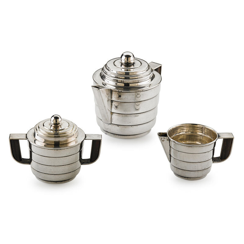 Kem Weber, ‘Rare Silver Style Four-Piece Tea Set, USA’, 1928, Design/Decorative Art, Silverplate, Rosewood: Teapot, Creamer, Lidded Sugar, Tray, Rago/Wright/LAMA