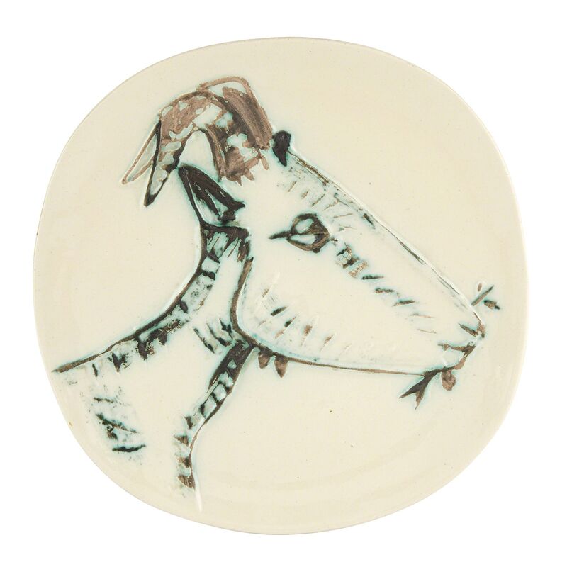 Pablo Picasso, ‘TÊTE DE CHÈVRE DE PROFIL (ALAIN RAMIÉ 109)’, 1950, Design/Decorative Art, Painted and partially glazed white ceramic plate, Doyle