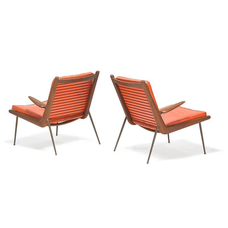 France and Sons, ‘Two Boomerang lounge chairs, Denmark’, Design/Decorative Art, Brass, teak, vinyl, Rago/Wright/LAMA