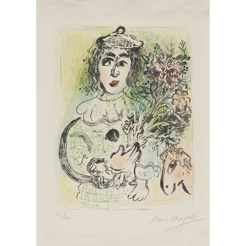 Marc Chagall, ‘The Clown With Flowers From Volume Ii Of "The Lithographs Of Chagall"’, 1963, Print, Color lithograph on Arches, Freeman's