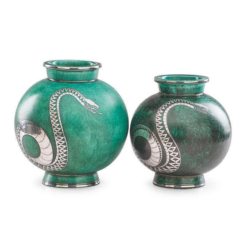 Wilhelm Kåge, ‘Two Argenta vases with snakes, Sweden’, Design/Decorative Art, Glazed stoneware, silver inlay, Rago/Wright/LAMA