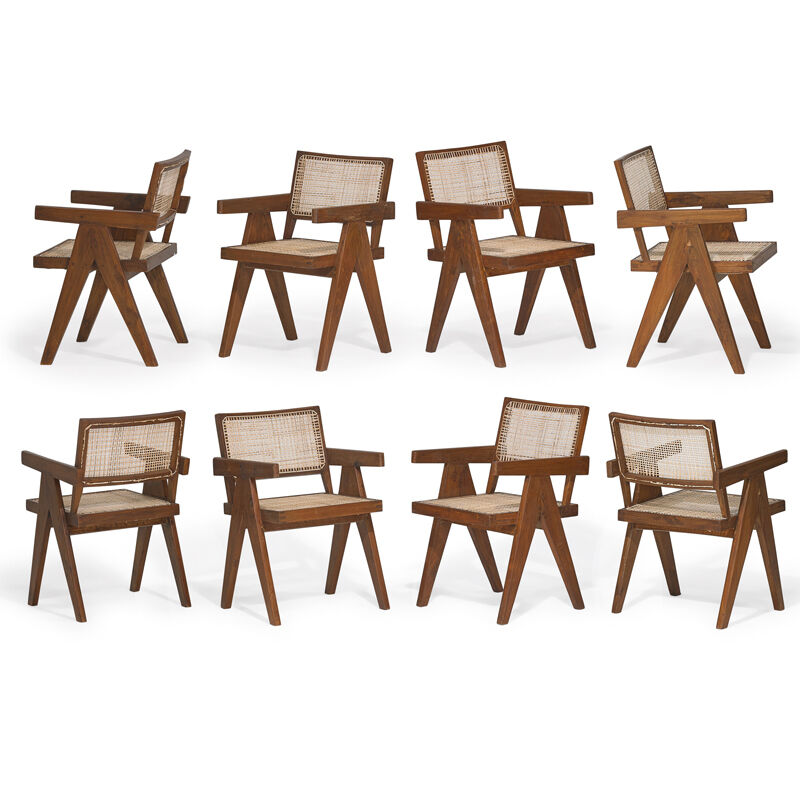 Pierre Jeanneret, ‘Eight V-leg arm chairs from the Chandigarh administrative buildings, France/India’, Design/Decorative Art, Teak, upholstery, cane, Rago/Wright/LAMA
