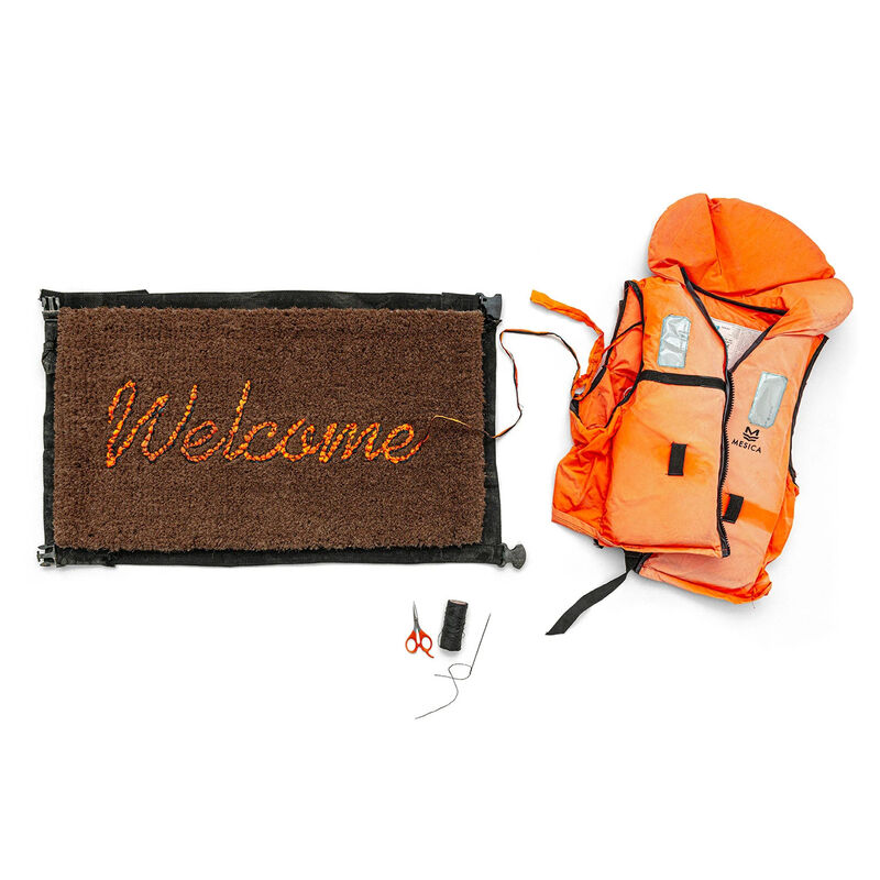 Banksy, ‘Welcome Mat’, ca. 2021, Ephemera or Merchandise, Door Mat with Life Jacket Vest knit by refugees, AYNAC Gallery