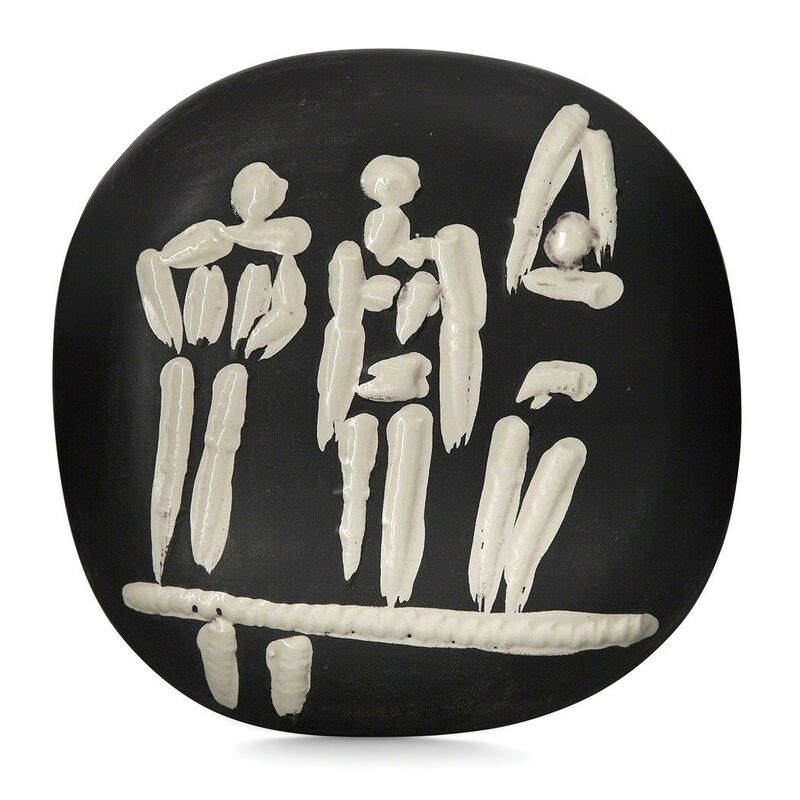 Pablo Picasso, ‘Trois Personnages Sur Tremplin (A.R. 374)’, 1956, Other, Painted and partially glazed white ceramic plaque, Doyle