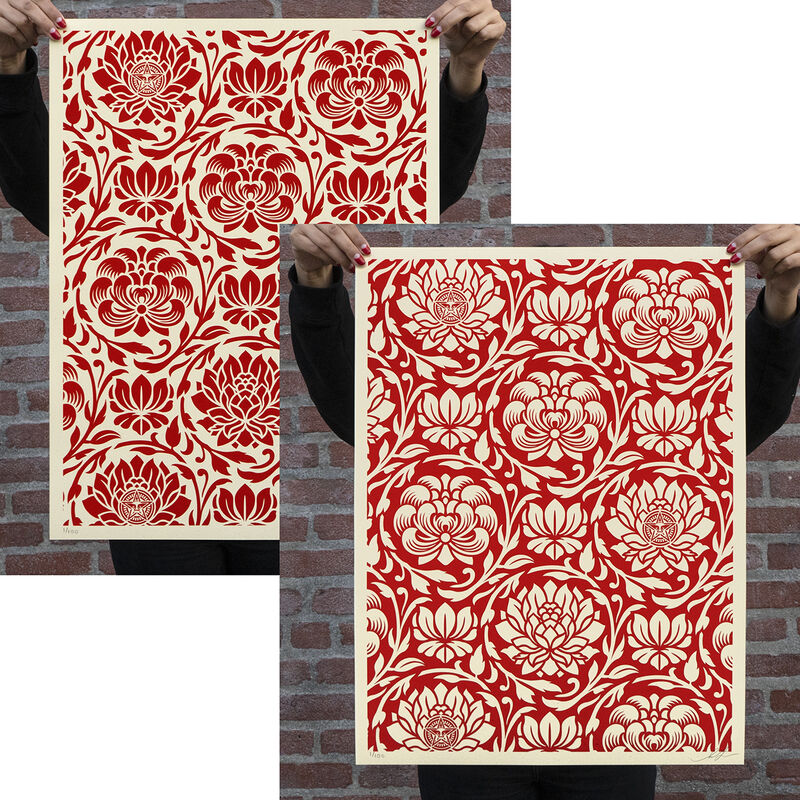 Shepard Fairey, ‘FLORAL HARMONY (RED YIN/YANG)’, 2020, Print, Silkscreen on cream Speckle Tone Paper, Dope! Gallery