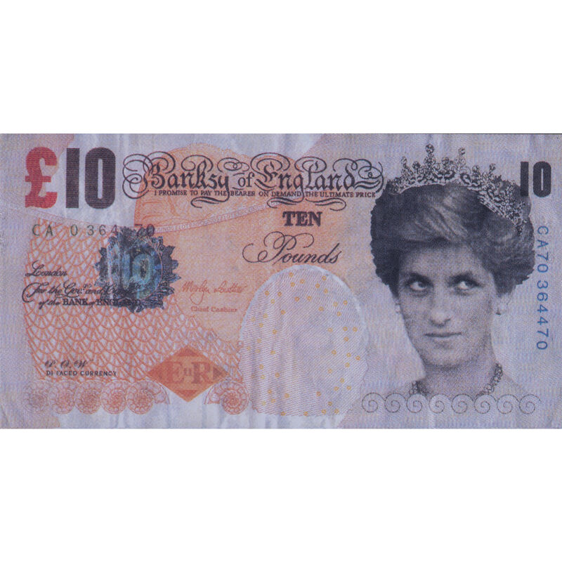 Banksy, ‘Difaced tenner’, 2004, Print, 10 Pound ticket illustrated with a colored stencil on both sides, all margins, full page, PIASA