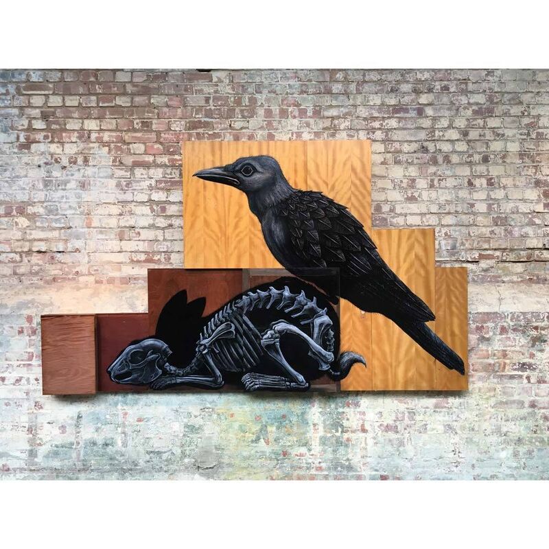 ROA, ‘LEPUS EUROPAEUS CORVUS CORONE MMXVIII (HARE AND CROW)’, 2018, Mixed Media, Enamel and Spray Paint on Found Wood, StolenSpace Gallery