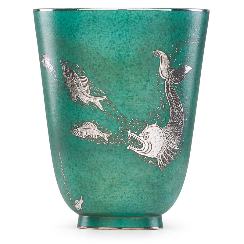 Wilhelm Kåge, ‘Fine large Argenta vase with fish, Sweden’, Design/Decorative Art, Glazed stoneware, silver inlay, Rago/Wright/LAMA