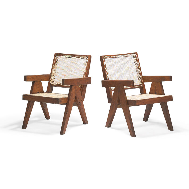 Pierre Jeanneret, ‘Two Easy Arm lounge chairs from the Chandigarh administrative buildings, France/India’, Design/Decorative Art, Teak, cane, upholstery, Rago/Wright/LAMA