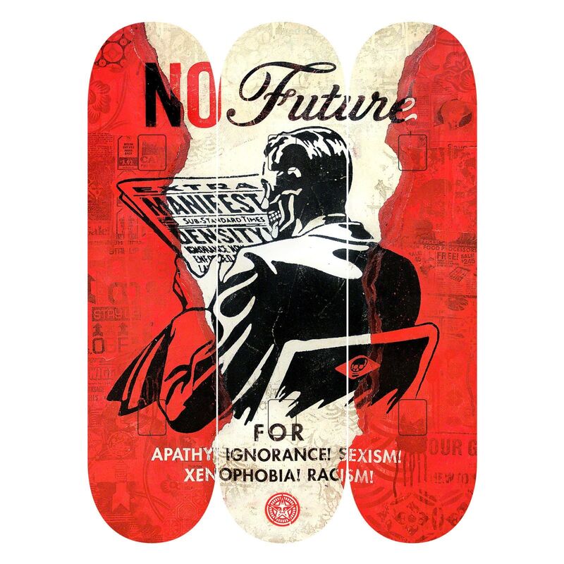 Shepard Fairey, ‘Shepard Fairy x The Skate Room Triptych Skate Deck Set "No Future"’, 2017, Other, Set of 3 hand screen printed 7-ply Canadian maple skateboards, Pop Fine Art
