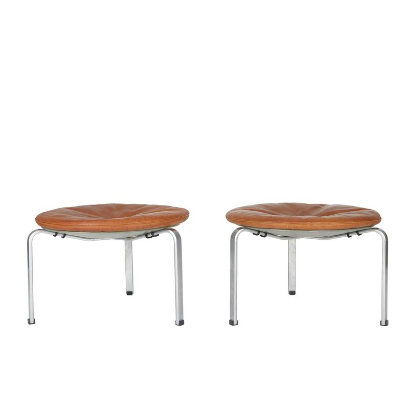 Poul Kjærholm, ‘A pair of large PK 33 stools’, 1953, Design/Decorative Art, Steel, plywood and original leather, Dansk Møbelkunst Gallery