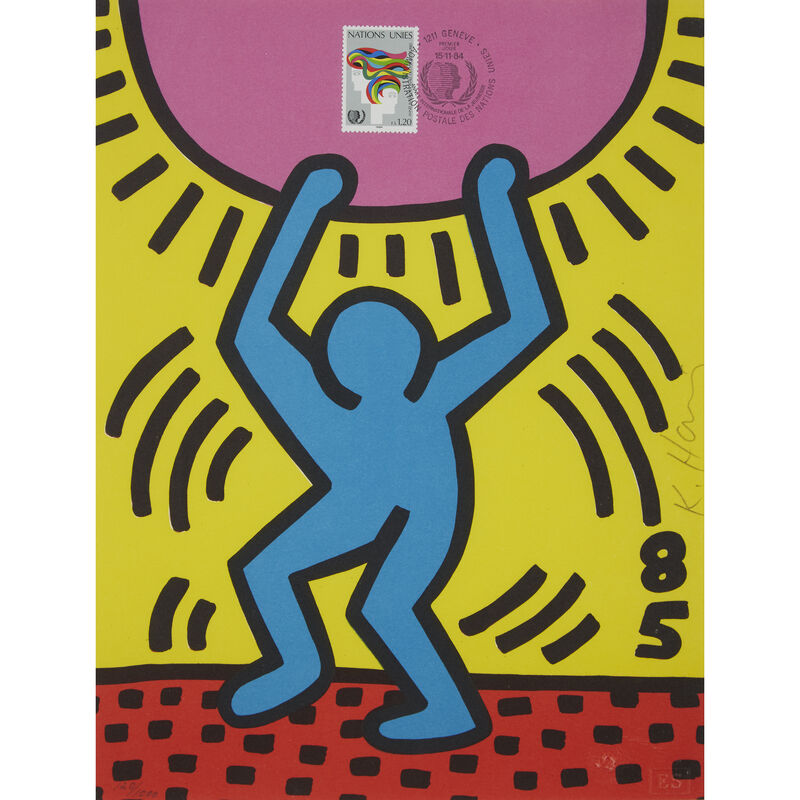 Keith Haring, ‘Two Prints: International Youth Year; Fight Aids Worldwide’, Print, Color lithograph on Arches., Freeman's