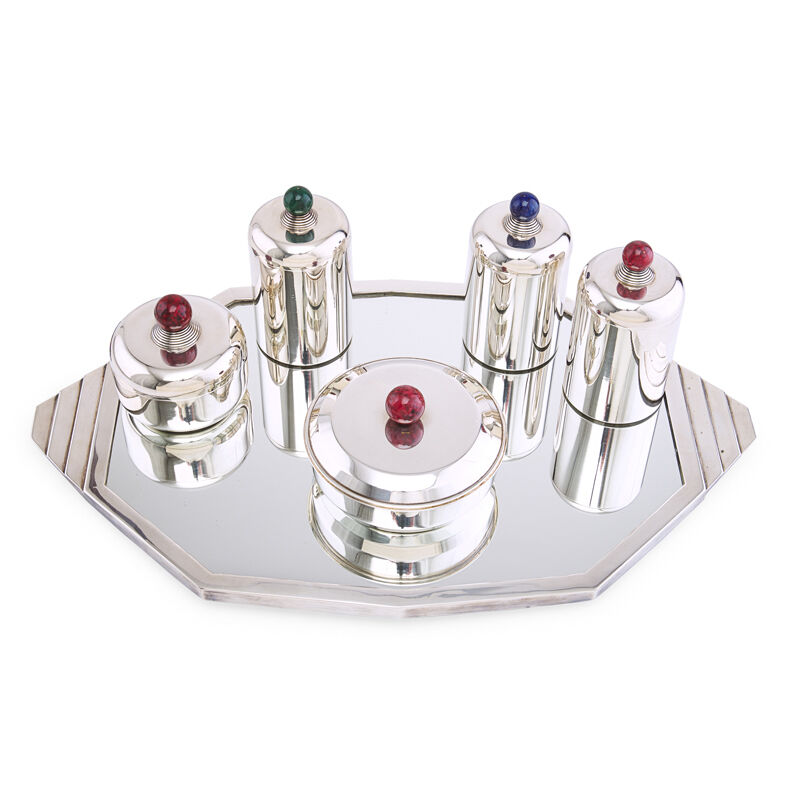 Jean E. Puiforcat, ‘Five Art Deco canisters on associated tray by unidentified maker, France’, 1930s, Design/Decorative Art, Silver plate, enameled metal, mirrored glass, Rago/Wright/LAMA