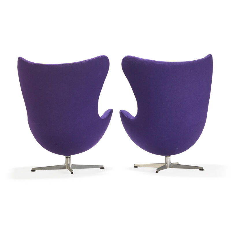 Arne Jacobsen, ‘Pair of Egg chairs, Denmark’, Design/Decorative Art, Polished aluminum, plastic, upholstery, Rago/Wright/LAMA