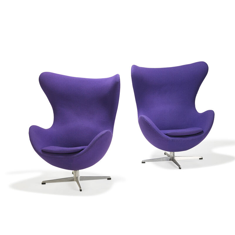 Arne Jacobsen, ‘Pair of Egg chairs, Denmark’, Design/Decorative Art, Polished aluminum, plastic, upholstery, Rago/Wright/LAMA
