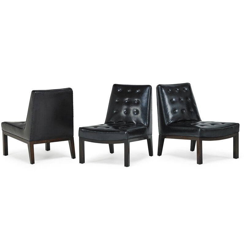 Edward Wormley, ‘Three Lounge Chairs, Berne, IN’, 1970s, Design/Decorative Art, Mahogany, Vinyl, Rago/Wright/LAMA