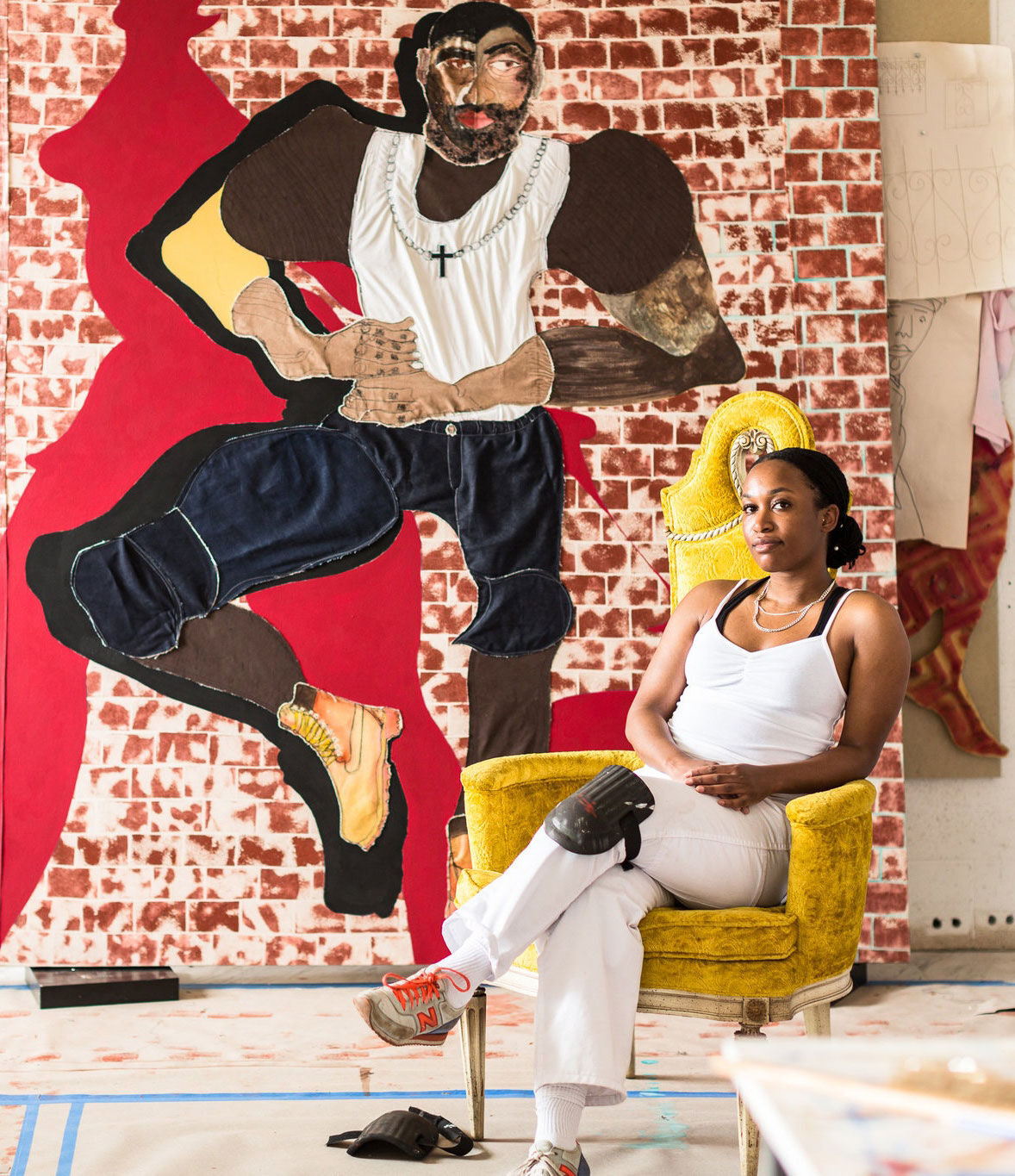 Tschabalala Self in her studio in New Haven, Connecticut. Photo by Julie Bidwell. Courtesy of Pilar Corrias.