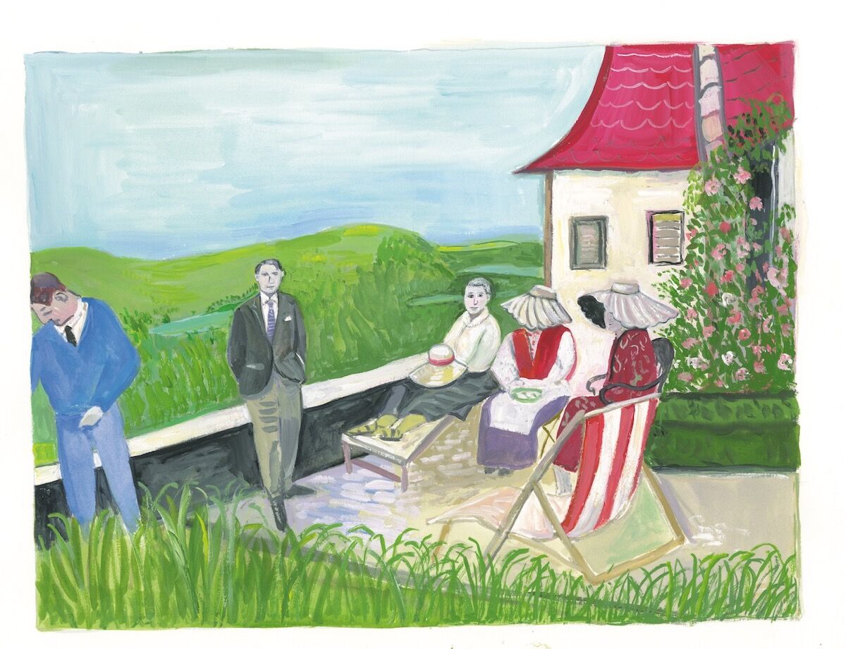 Maira Kalman, Picasso, Gertrude, and friends on the Terrace, from “The Autobiography of Alice B Toklas,” 2019. Courtesy of Julie Saul Projects, New York.