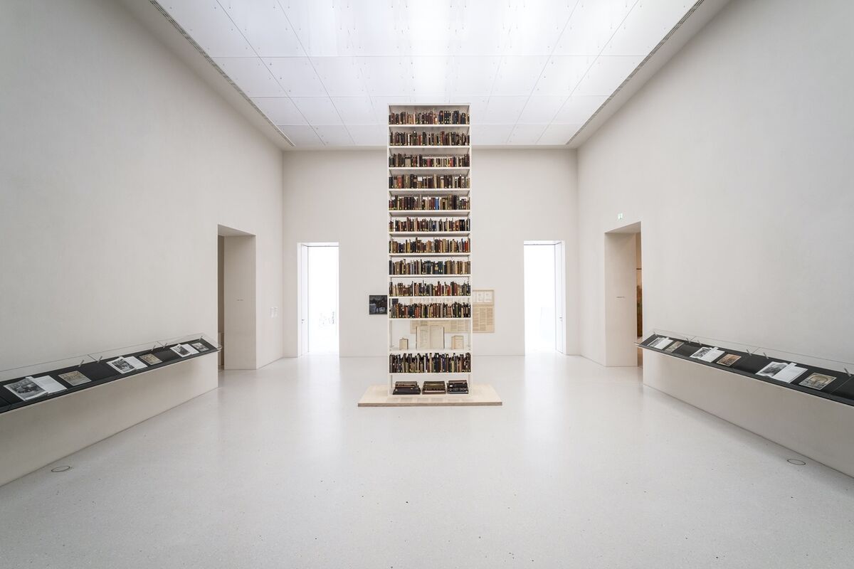 Maria Eichhorn, detail of Unlawfully acquired books from Jewish ownership, 2017, from “Rose Valland Institute,” at documenta 14, Neue Galerie, Kassel. © VG Bild-Kunst, Bonn 2021. Photo by Mathias Völzke. Courtesy of the artist.