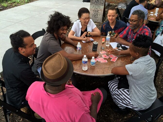 The Black Lunch Table, 2014, hosted at Black Artist Retreat, Dorchester Projects. Photo courtesy artists. Chicago, IL