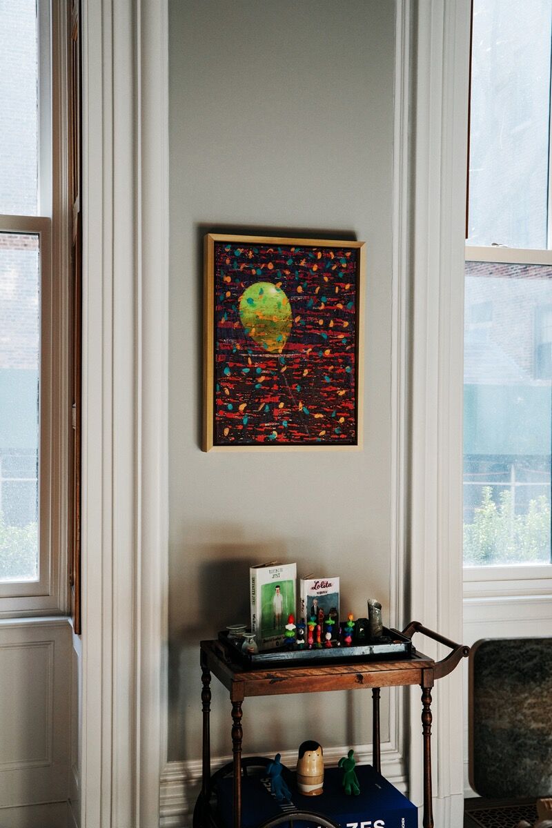 Installation view, from top to bottom and left to right, of a painting by Derek Fordjour and sculptures by Andy Edelstein, Jennie Ottinger, and Carol Shen. Photo by Laurel Golio for Artsy.