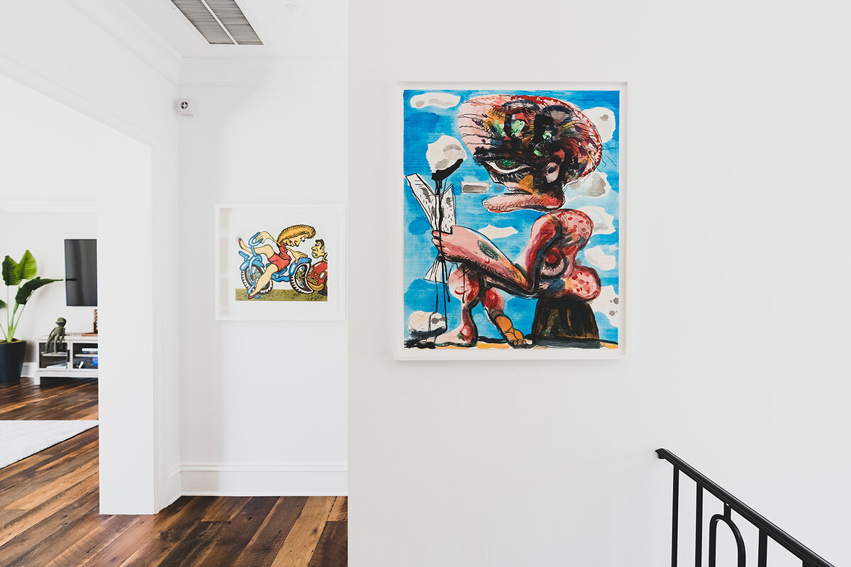 Installation view, from left to right, of works by Peter Saul and Dana Schutz. Photo by Sir Will for Artsy.