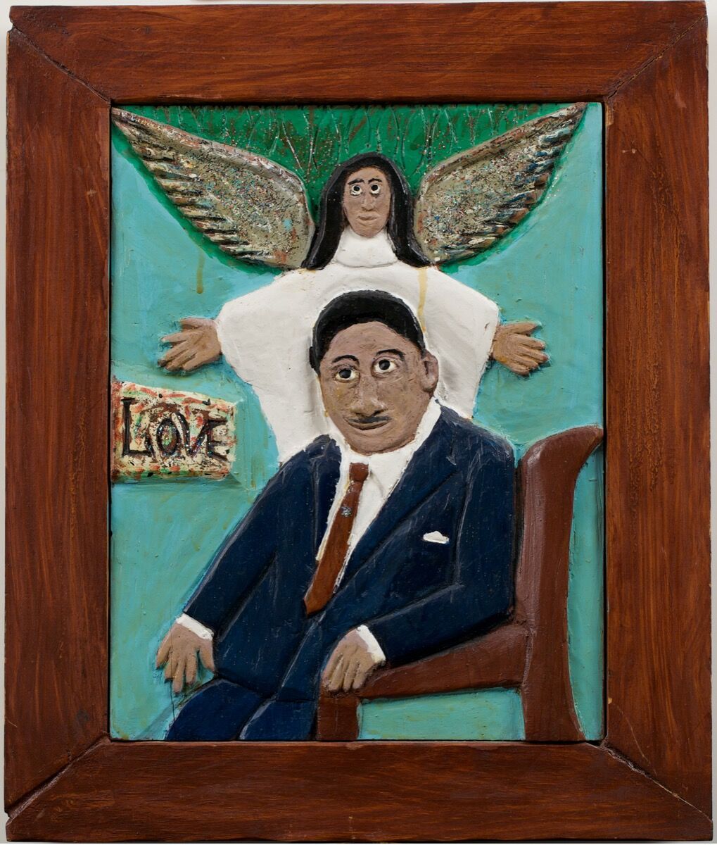 Elijah Pierce, Love (Martin Luther King, Jr.), Unknown. Paint, glitter, varnish on wood. The Collection of Jill and Sheldon Bonovitz. Promised gift to the Philadelphia Museum of Art. Courtesy of the Barnes Foundation.