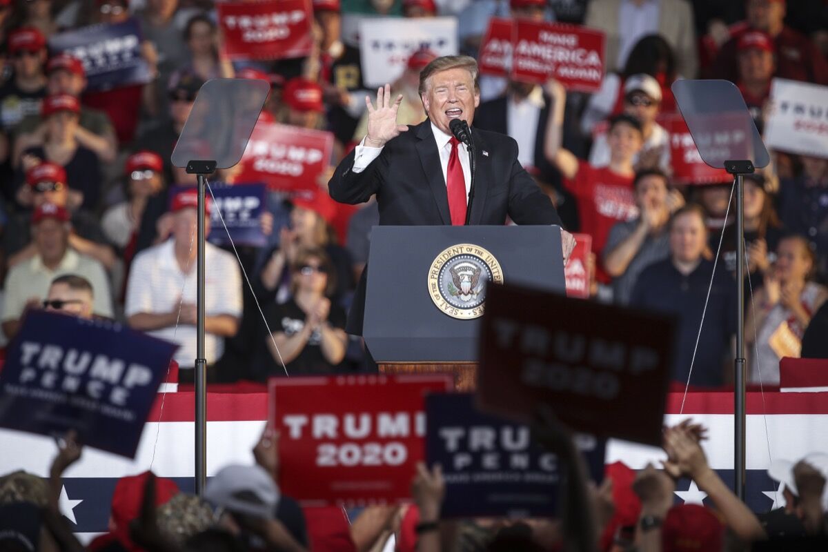 U.S. President Donald Trump speaks during a &#x27;Make America Great Again&#x27; campaign rally at Williamsport Regional Airport, May 20, 2019 in Montoursville, Pennsylvania.  
