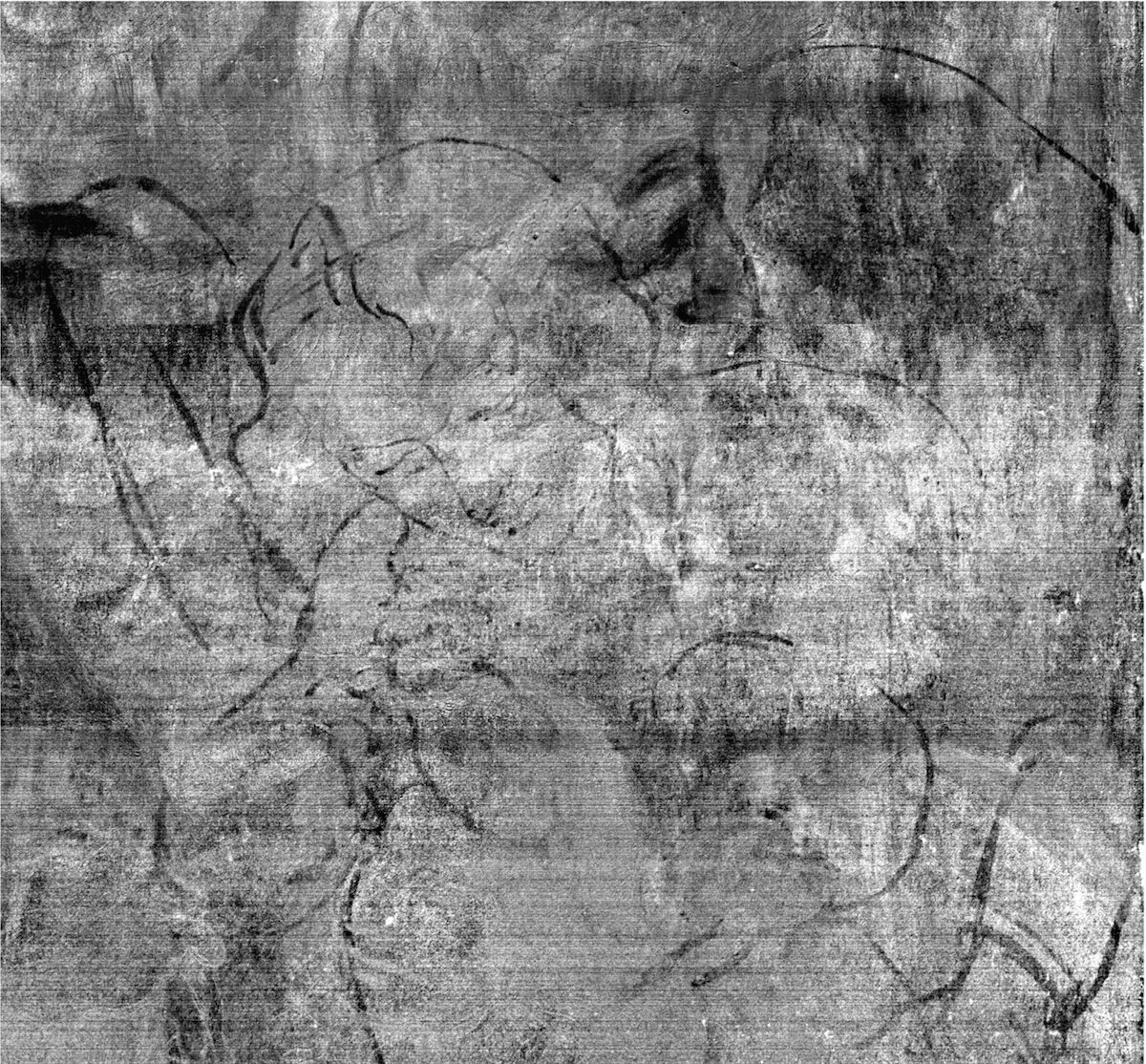 Detail from hyperspectral imaging data, revealing the drawing for the angel and baby of the first composition (under the landscape at the right side of the painting). © The National Gallery, London.