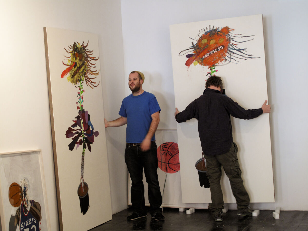 Jonas and Mark Grotjahn during install of their collaborative show at T&amp;SnKreps, New York, 2009. Courtesy of Wood Kusaka Studios.