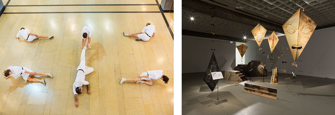 Left:&#xA0;Public Movement, National Collection, Tel Aviv Museum of Art, 2015. Photo by Kfir Bolotin. Right:&#xA0;Michael Helfman, While Dictators Rage, 2013, performative installation after &#x201C;The Triumph of Death&#x201D; by Felix Nussbaum, Tel Aviv Museum Collection. Photos courtesy of the Tel Aviv Museum of Art.